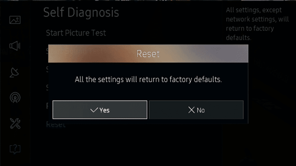 Nakonec kliknutím na Ano potvrďte resetování vašeho televizoru Samsung
