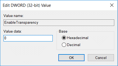 将 EnableTransparency 的值更改为 0 以禁用透明效果