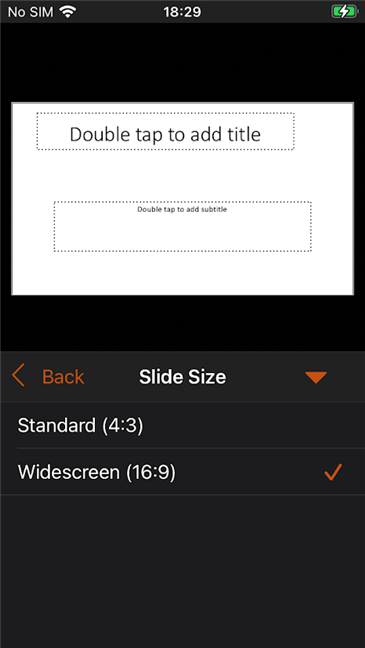 เลือกขนาดสไลด์ PowerPoint จากสองตัวเลือกที่มีใน iPhone ของคุณ