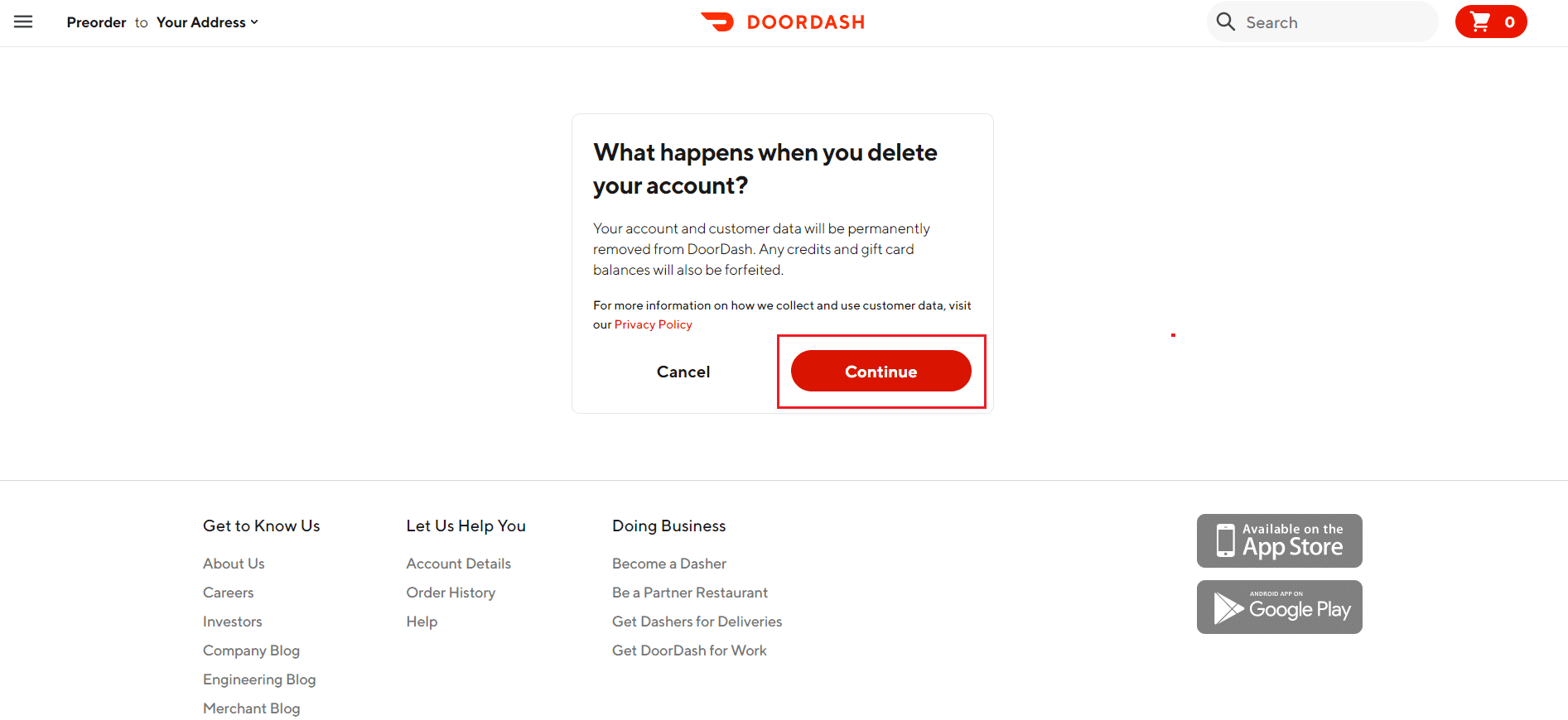 klikněte na možnost Odstranit na stránce odstranění účtu DoorDash