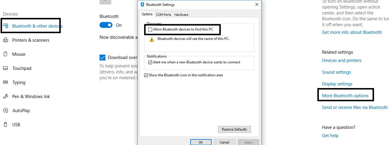 ทางด้านขวาภายใต้การตั้งค่าที่เกี่ยวข้อง คุณต้องคลิกตัวเลือก Bluetooth เพิ่มเติม