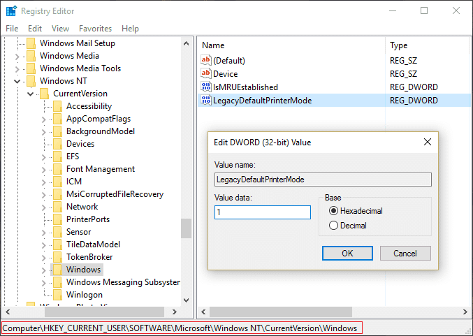 stel de waarde van LegacyDefaultPrinterMode in op 1