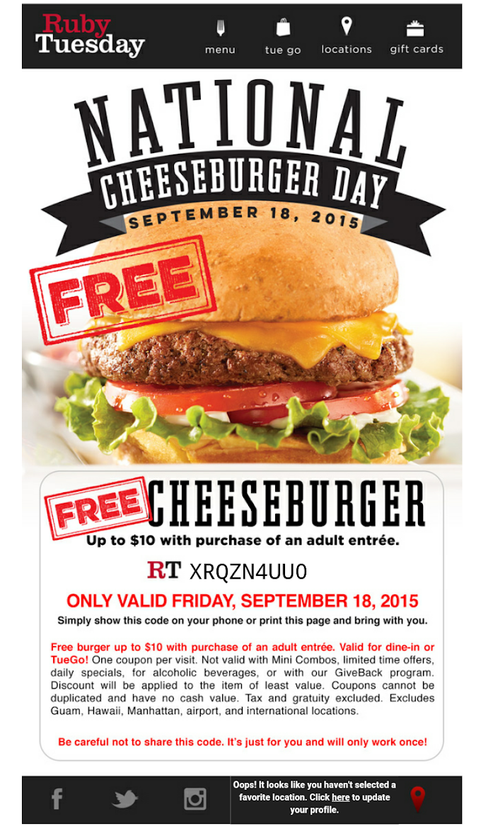 RUBY TUESDAY: #FREE CHEESEBURGER FRIDAY 9/18 ON NATIONAL #CHEESEBURGER DAY!