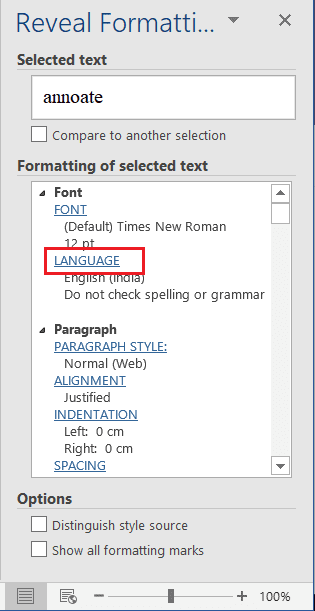 Haga clic en la opción Idioma en Formato de la ventana de texto seleccionada.