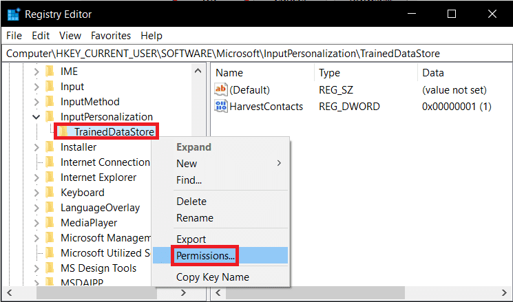 Haga clic con el botón derecho en TrainedDataStore en el panel de navegación izquierdo y elija Permisos en el menú contextual