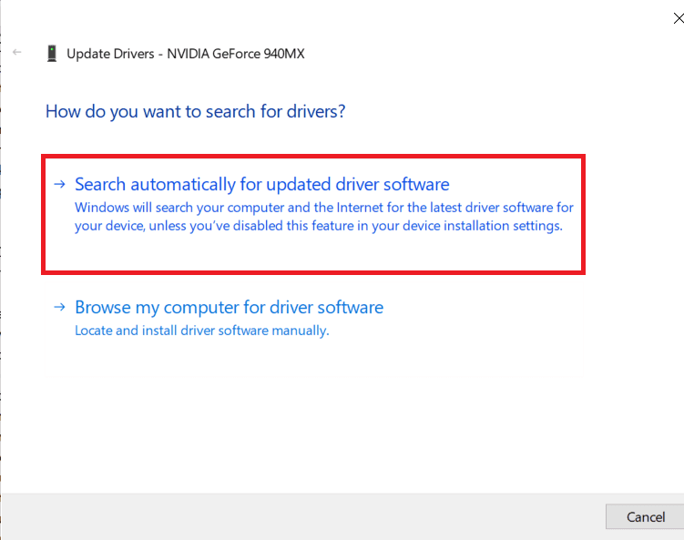 Haga clic en Buscar automáticamente el software del controlador actualizado |  Solucionar el error GeForce Experience 0x0003