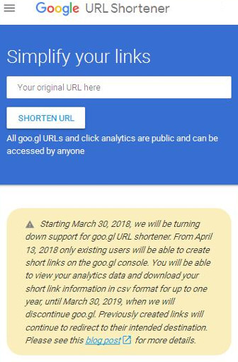 The announcement about the turning down of goo.gl by Google