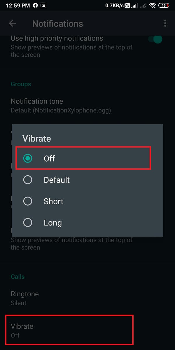 Наконец, нажмите «Вибрация» и нажмите «Выкл.».  |  Как отключить звонки WhatsApp на Android?
