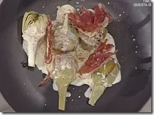 Carciofo al cacio di fossa, pepe e prosciutto di mora