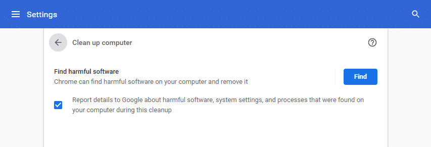 여기에서 찾기 옵션을 클릭하면 Chrome이 컴퓨터에서 유해한 소프트웨어를 찾아 제거할 수 있습니다.  Chrome에서 작동하지 않는 Crunchyroll을 수정하는 방법