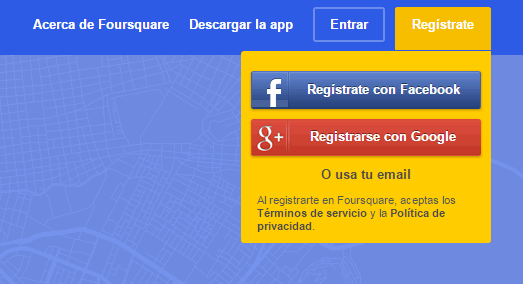 Opciones para registrarse en Foursquare