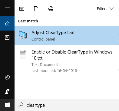 Digita cleartype nella ricerca di Windows, quindi fai clic su Regola testo ClearType