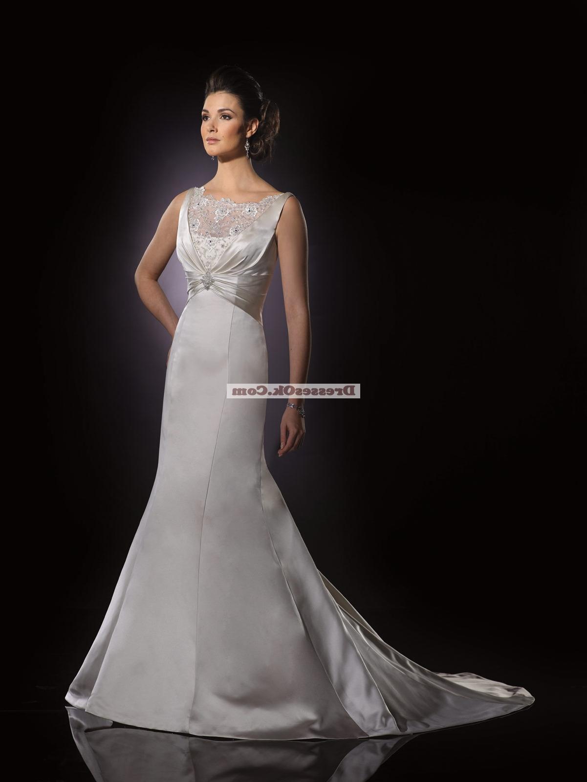 Perfect A-line scoop chapel satin lace wedding dresses WD10LCC011