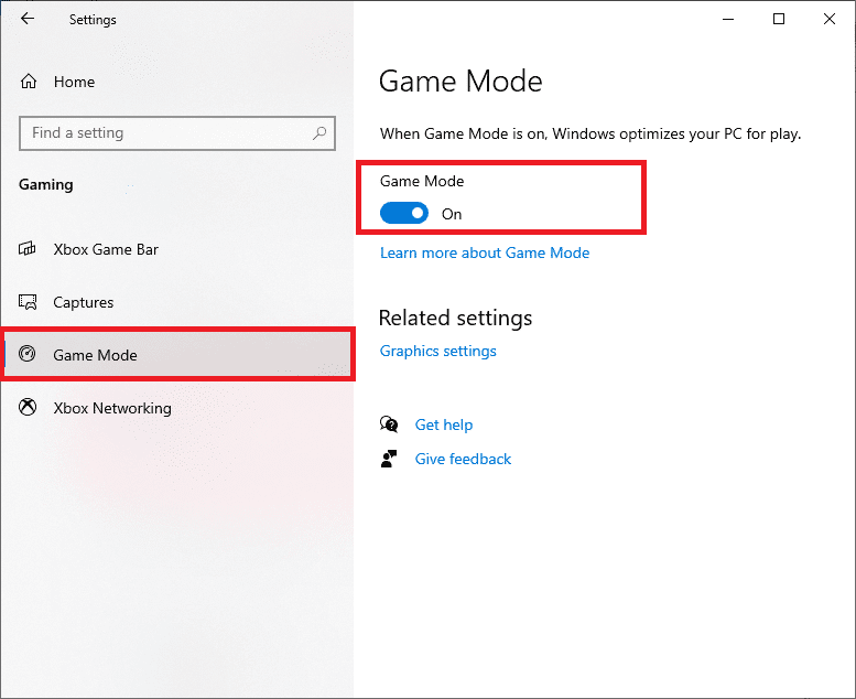 Ahora, haga clic en Modo de juego en el panel izquierdo y active la configuración Modo de juego.