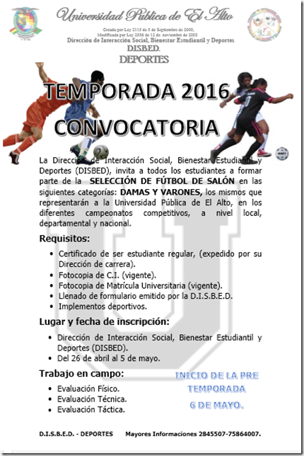 UPEA: Convocatoria 2016 para estudiantes damas y varones para conformar la selección de futsal