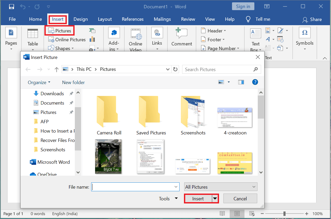 Otevřete MS Word.  Přejděte na kartu „Vložit“.  Poté klikněte na „Obrázky“ a vyberte snímek obrazovky, na který jste právě klikli.  Klikněte na „Vybrat“.  Opakujte postup pro vložení několika stránek PDF do aplikace Word.