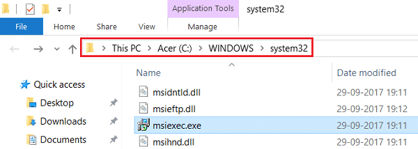 Notez l'adresse exacte du fichier msiexec.exe dans le dossier System 32