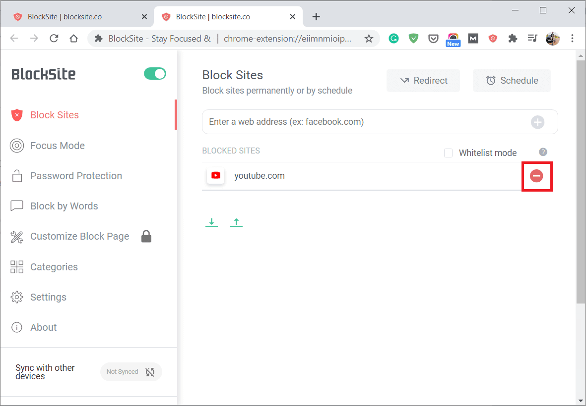 Haga clic en el botón Eliminar para eliminar el sitio web de la lista de bloqueo