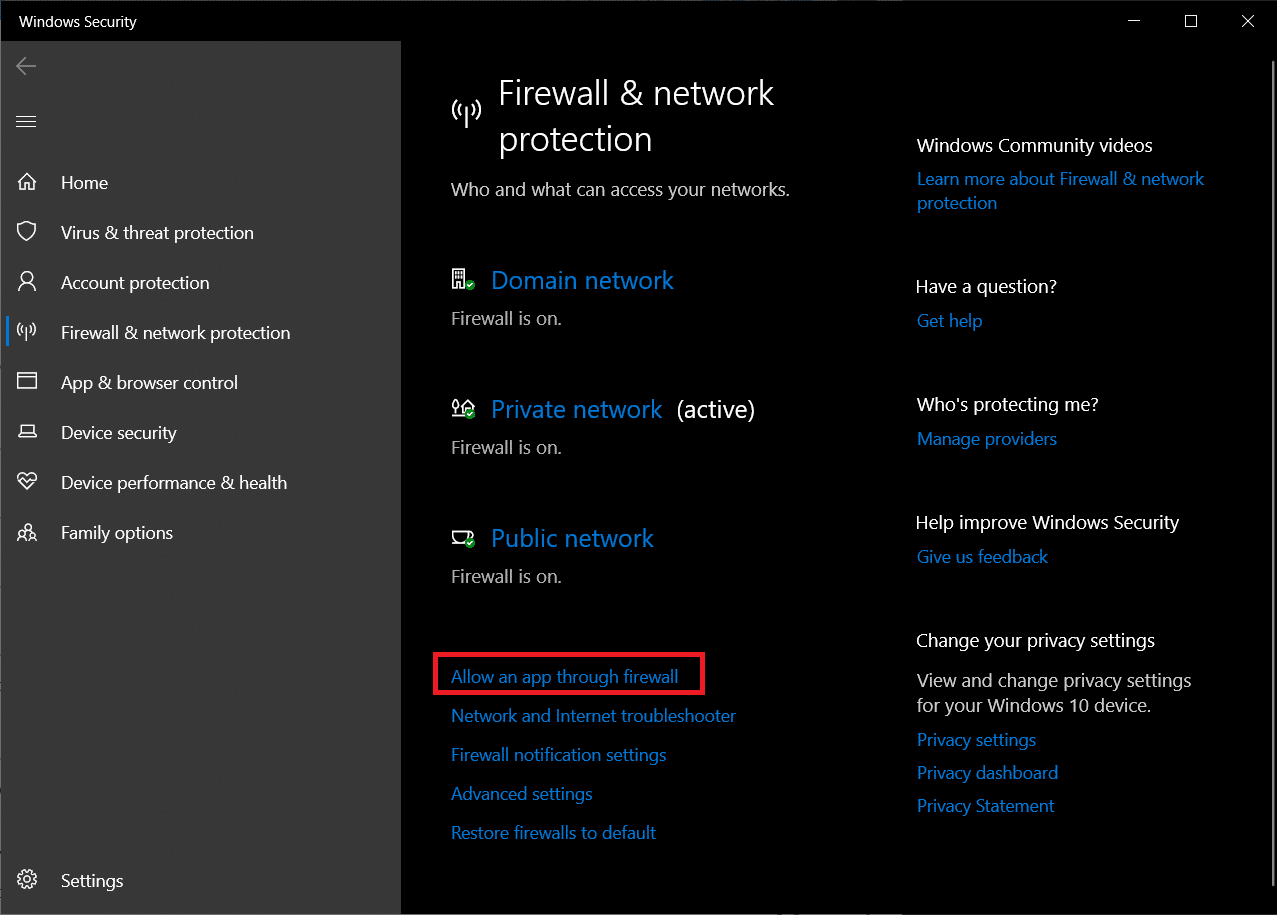 En la siguiente ventana, haga clic en Permitir una aplicación a través del firewall.