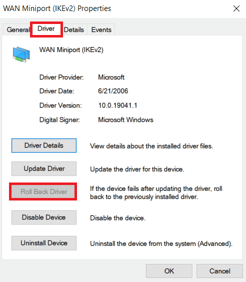 Ga naar het tabblad Driver en selecteer Rollback Driver