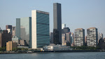 The United Nations building and the Trump International Tower (the black monolith structure)