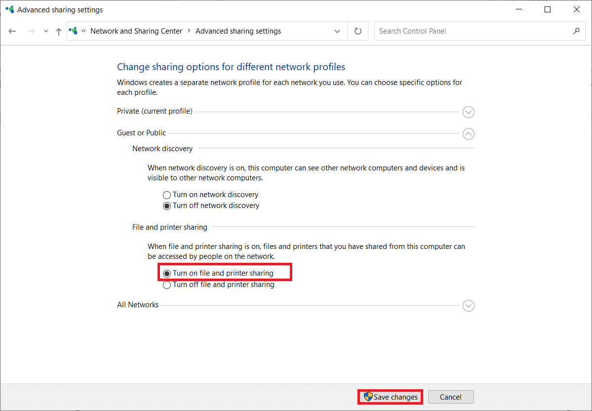 Sélectionnez l'option Activer le partage de fichiers et d'imprimantes sous Partage de fichiers et d'imprimantes et cliquez sur Enregistrer les modifications