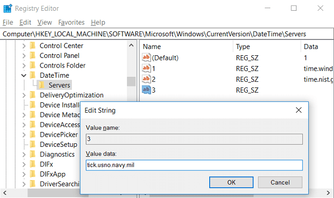 Fare doppio clic su questa chiave appena creata, quindi digitare tick.usno.navy.mil nel campo dei dati del valore e fare clic su OK