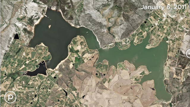 Satellite image by planet.com showing the Theewaterskloof Dam, Cape Town's largest water reservoir, on 6 January 2011. Photo: planet.com / CNN