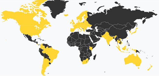 Kaart van landen waarin CyberGhost servers heeft