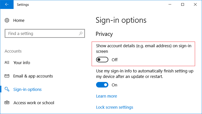 ปิดใช้งานการสลับสำหรับ แสดงรายละเอียดบัญชี (เช่น ที่อยู่อีเมล) บนหน้าจอลงชื่อเข้าใช้
