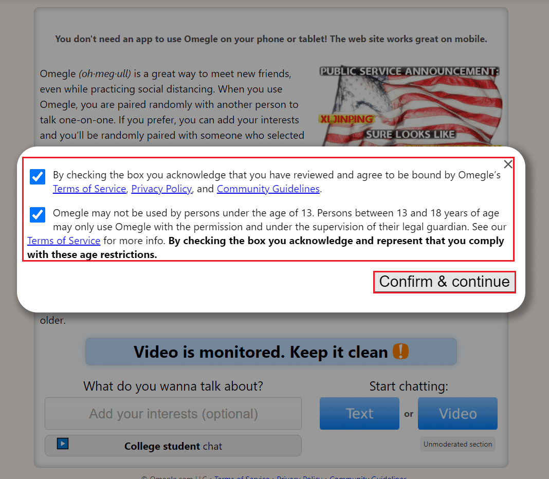 verifique los acuerdos y haga clic en Confirmar y continuar en omegle