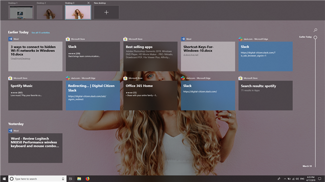 Actividades pasadas que se muestran en la línea de tiempo de Windows 10