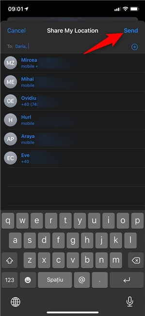 Wenn Sie fertig sind, tippen Sie auf Senden, um den Standort auf dem iPhone mit den ausgewählten Personen zu teilen