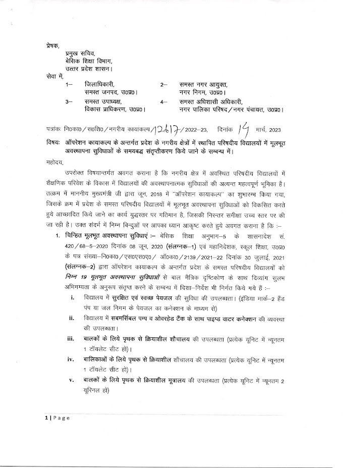 आपरेशन कायाकल्प के अन्तर्गत प्रदेश के नगरीय क्षेत्रो में स्थापित परिषदीय विद्यालयों में मूलभूत अवस्थापना सुविधाओं के समयबद्ध संतृप्तीकरण किये जाने के सम्बन्ध में