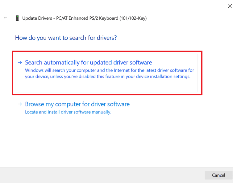 Sélectionnez Rechercher automatiquement le logiciel du pilote mis à jour