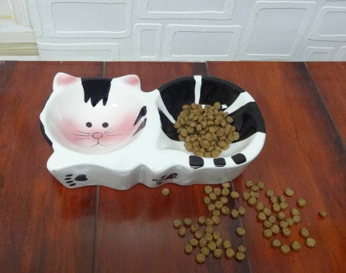  PET BOWL CERAMIC CAT FACE DOUBLE FEEDER, BLACK  &  WHITE BOWL, 80517 BY ACK 4.8.7.3