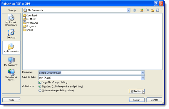 Klikken op de knop Opties in het dialoogvenster Publiceren als PDF van XPS