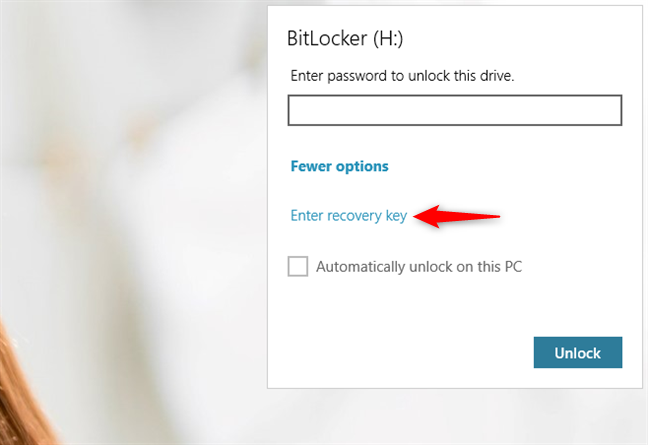 Tùy chọn Nhập khóa khôi phục từ cửa sổ bật lên của BitLocker