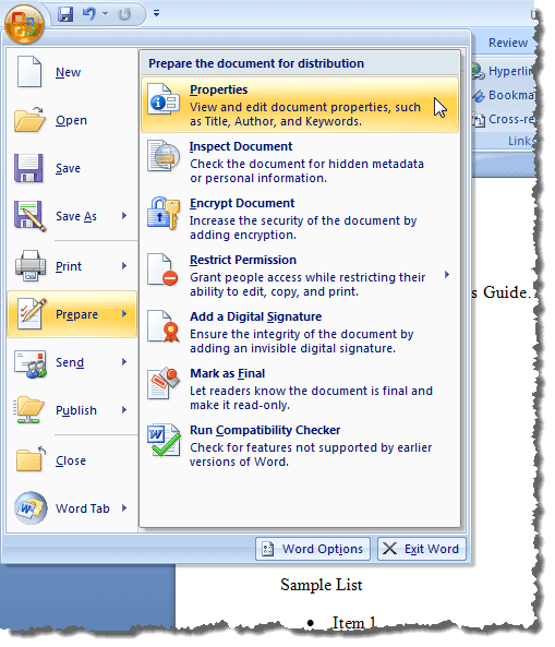 Selezionando Prepara |  Proprietà dal menu Office in Word 2007