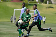 Thembinkosi Lorch and Motjeka Madisha during the South African national mens soccer team training session at Steyn City School on November 13, 2018 in Johannesburg, South Africa. 