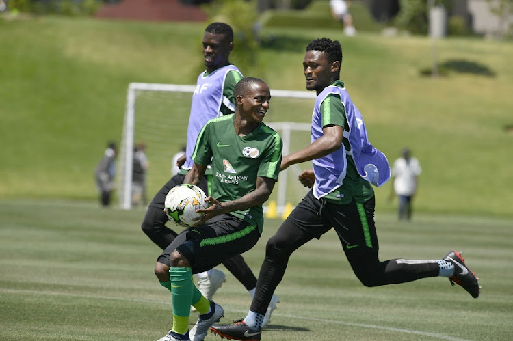 Thembinkosi Lorch and Motjeka Madisha during the South African national mens soccer team training session at Steyn City School on November 13, 2018 in Johannesburg, South Africa.