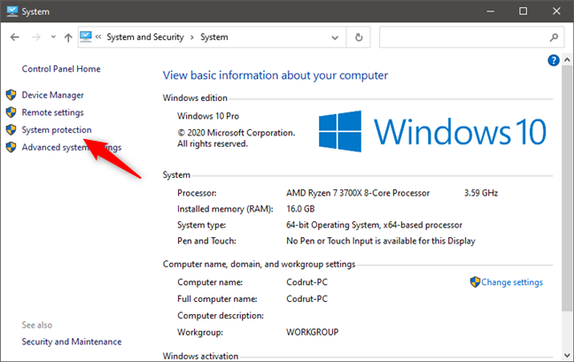 Systeemherstel openen in Windows 10