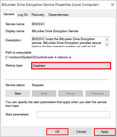 Establezca el Tipo de inicio en Deshabilitado en el menú desplegable.  Cómo deshabilitar BitLocker en Windows 10