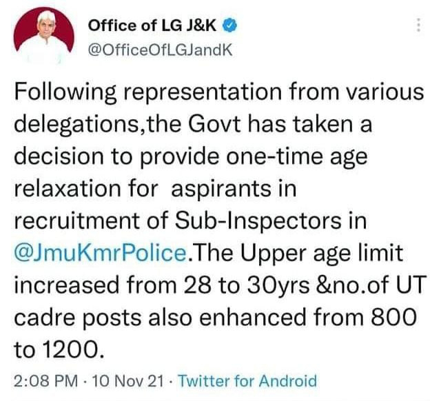 Good News for JKP Sub Inspector Aspirants: Age Relaxation & No. Of Posts Increased | Check Details Here