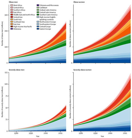 Trends in the number of obese and severely obese people by region, 1975-2014. A person is obese if they have a body-mass index (BMI) of 30 kg/m2 or higher, or is severely obese if they have a BMI of 35 kg/m2 or higher. Graphic: NCD Risk Factor Collaboration, 2016 / The Lancet