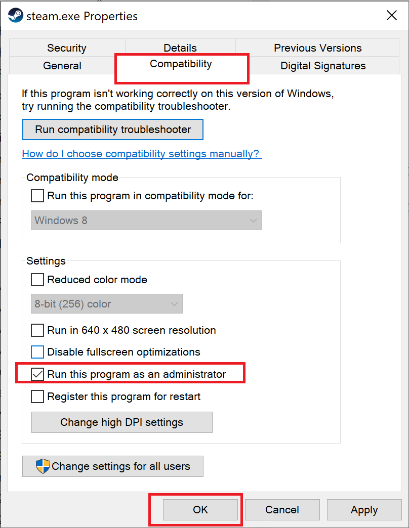 Seleziona la casella accanto a Esegui questo programma come amministratore e fai clic su OK