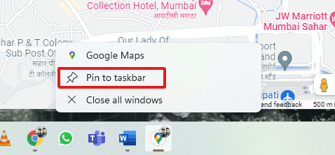 Raccourci Google Maps épinglé à la barre des tâches