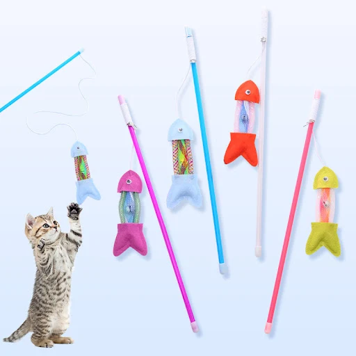 New Funny Tassel Cat Stick Colored Fun Bells Fish Type Pet Interactive Playing Toy for Cats Teaser Kitten Fishing Rod Wa