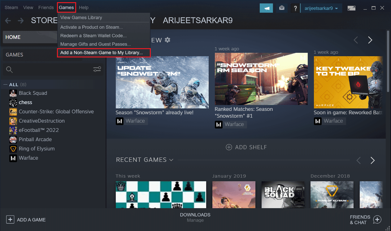 คลิกที่เกมและเลือกเพิ่มเกมที่ไม่ใช่ Steam ไปยังห้องสมุดของฉัน... option