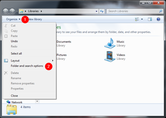 Windows 탐색기의 구성 메뉴에 있는 폴더 및 검색 옵션